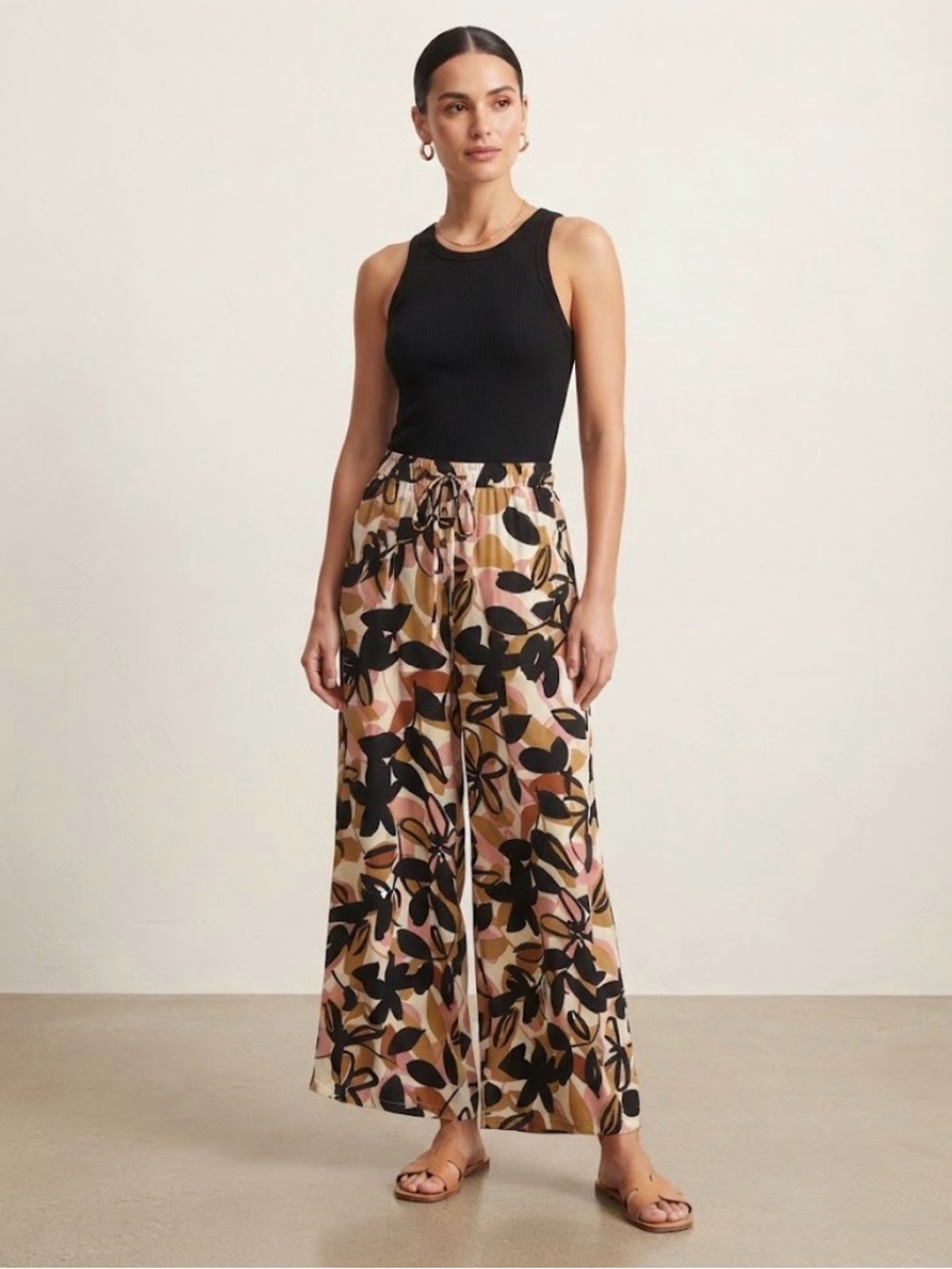 Boho Chic Linen Blend Botanical Print Wide-Leg Pants – Size M